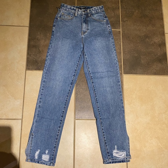 PETITE mid blue ripped split hem jeans - Picture 3 of 6
